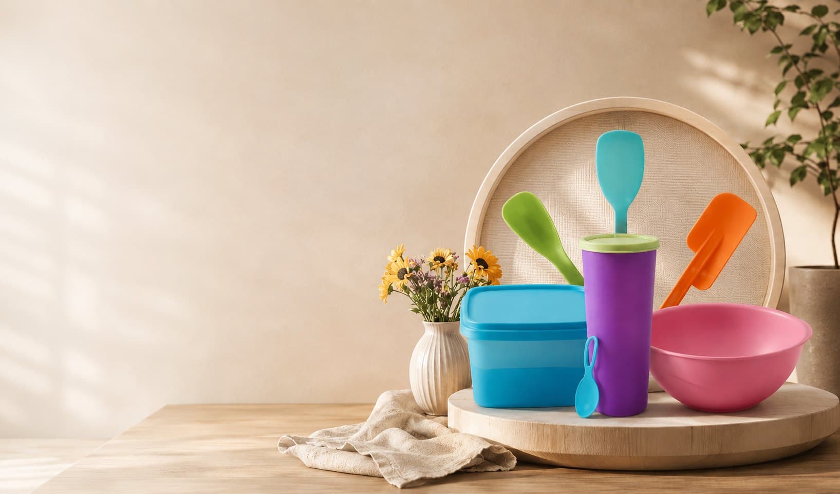 Ragam produk plastik KH seperti mangkok, gelas, dan peralatan dapur warna-warni